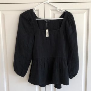 NWT Madewell Lightspun Millbrook Puff-Sleeve Peplum Top xxs black